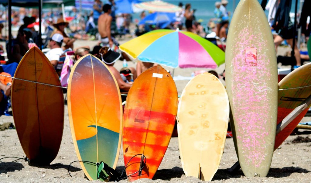 Surf boards lined up on a Martin County, Florida, beach