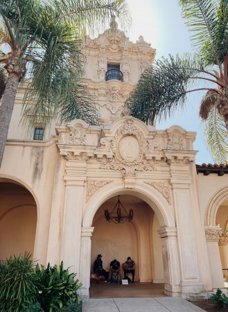 The facade of a Spanish-Colonial building inside Balboa Park, San Diego, California.