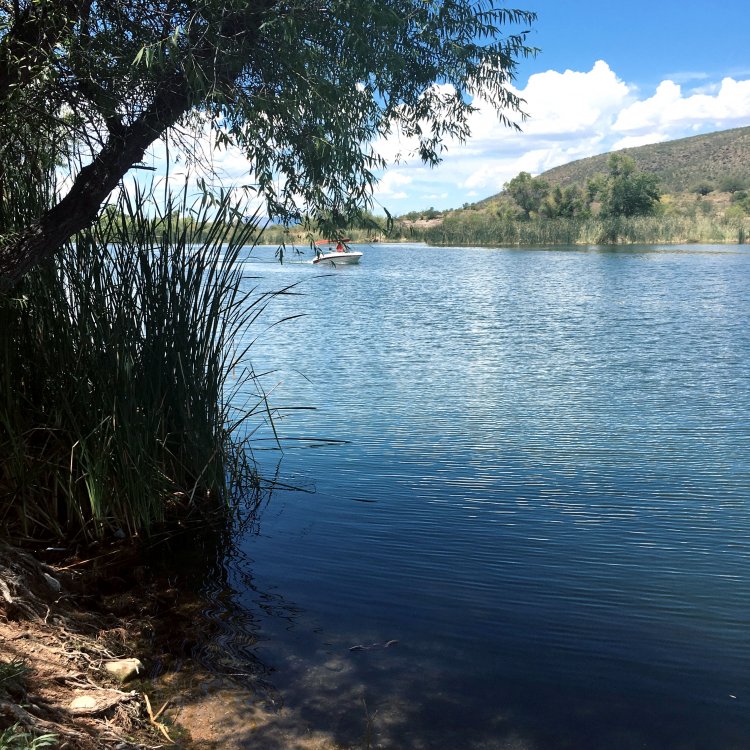 A single boat rides along placid, dark blue waters on Patagonia Lake. 