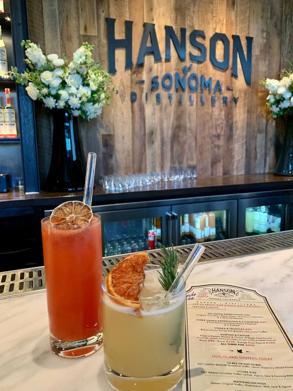 Colorful alchoholic drinks at Hanson Sonoma Distillery.