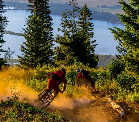 two men riding mountain bikes down a trail surrounded by trees with a lake in the distance at Tamarack Resort.